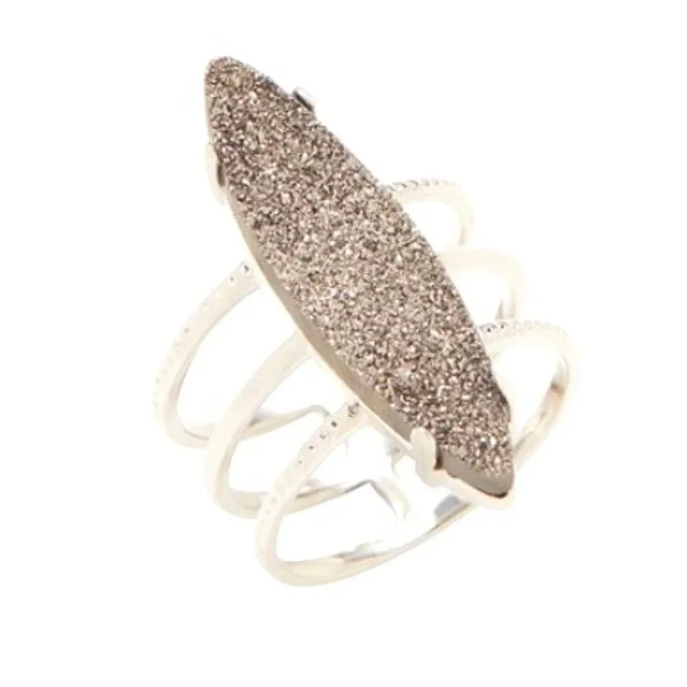 NWT! Rhodium Platinum Druzy Quartz Triple Tiered Ring Size 7